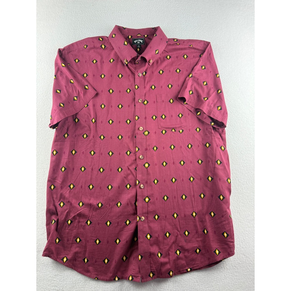 Billabong Mens Burgundy Geometric Diamond Print Cotton Short Sleeve Shirt Large